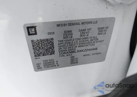 2019 GMC Acadia Slt-1 z USA, uszkodzony, nr VIN 1GKKNMLSXKZ244448